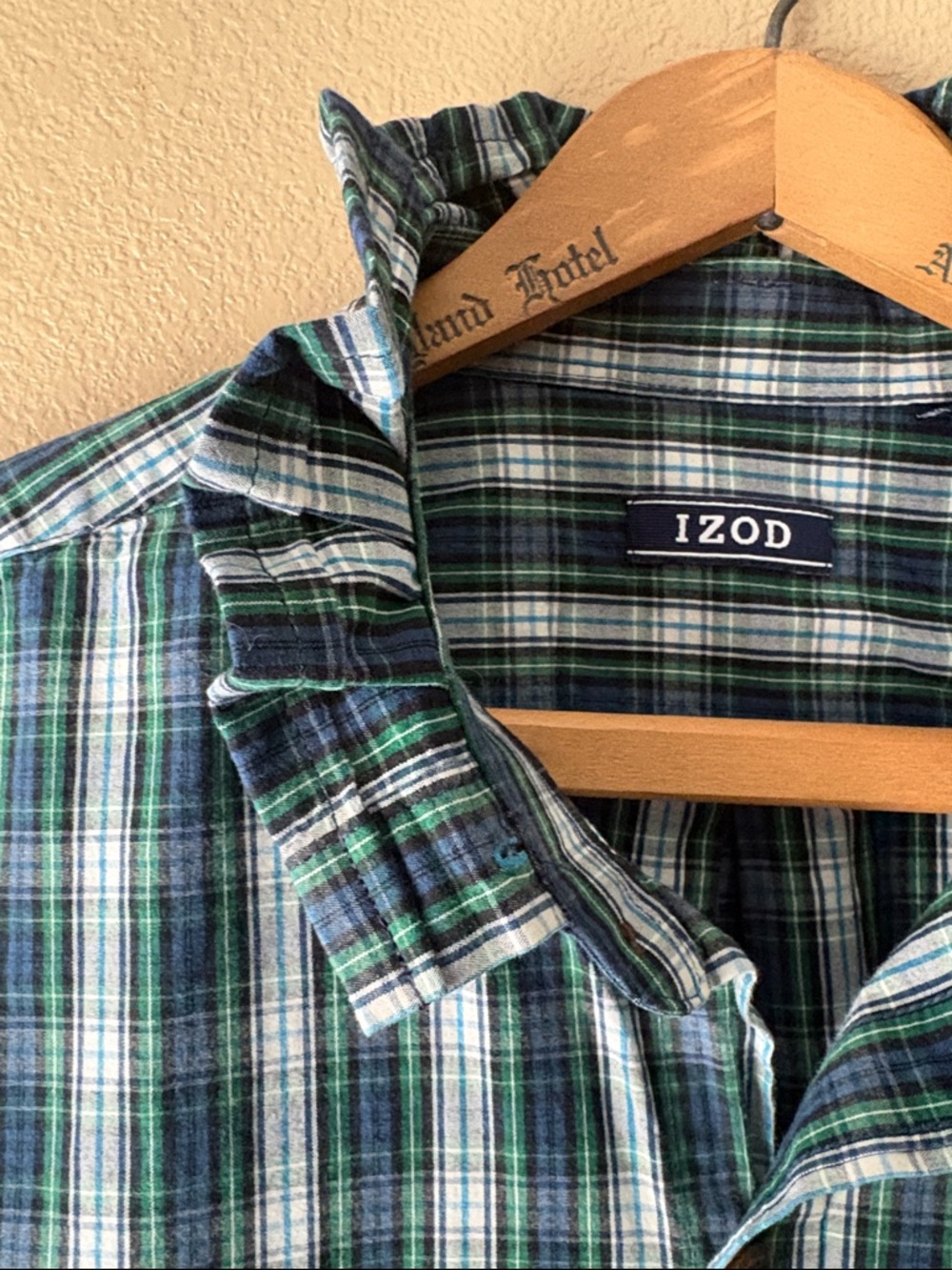 Izod Green and Blue Plaid Ruffle-Hem Button Shirt - Picture 3 of 8